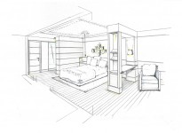 Skizze zur Neugestaltung eines Schlafzimmers in einer Altbauwohnung in München