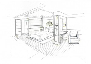 Skizze zur Neugestaltung eines Schlafzimmers in einer Altbauwohnung in München